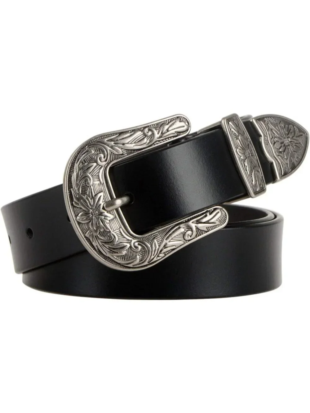 Women's A-black Leather Belts Vintage Western Design Silver Buckle Waist Belt